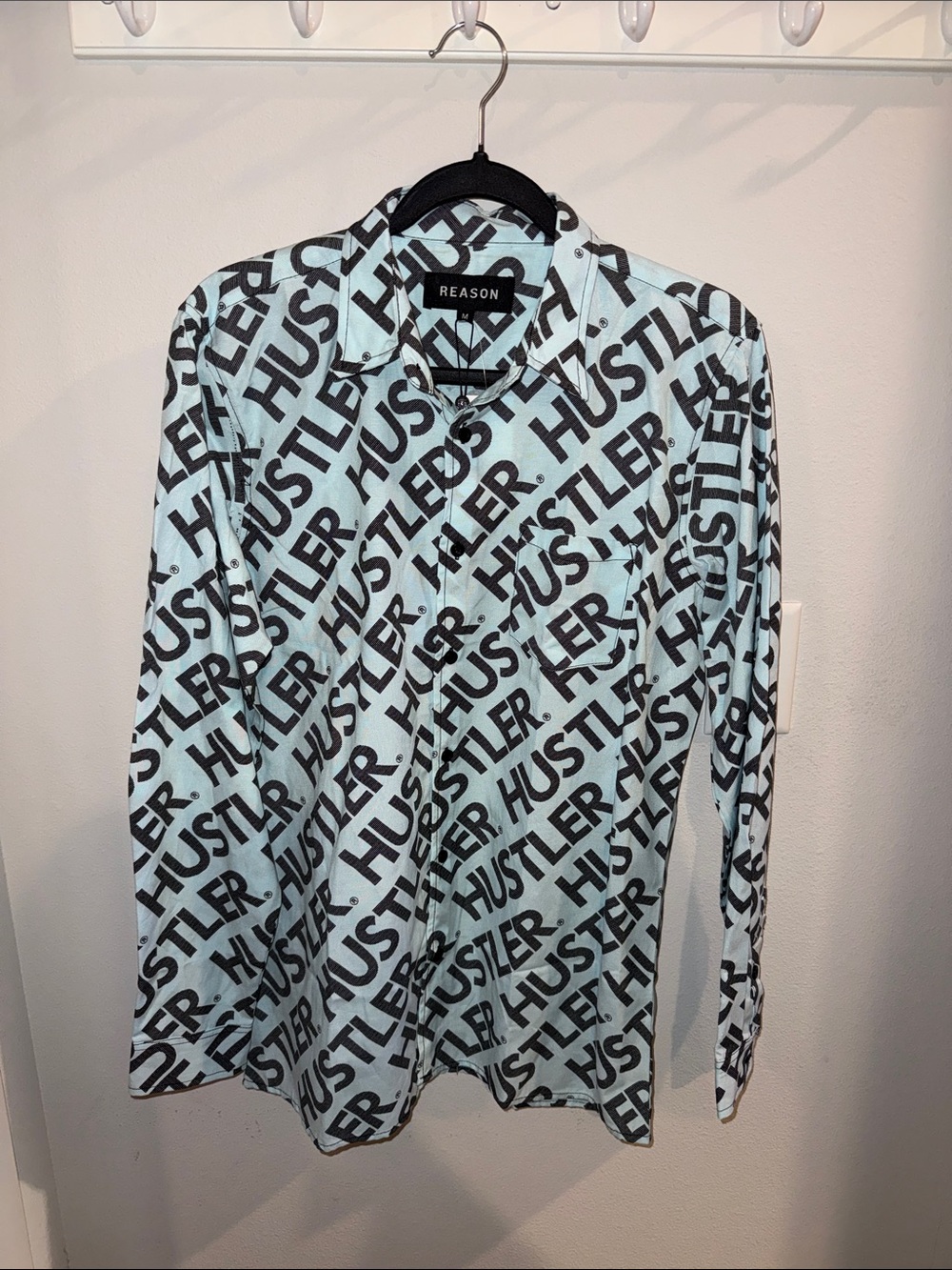 REASON Light Blue Button-Up Shirt with Black 'HUSTLER' Print